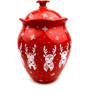 Preowned- Temptations Cookie Jar. Red with reindeers. Comes with lid. Oven, Dish
